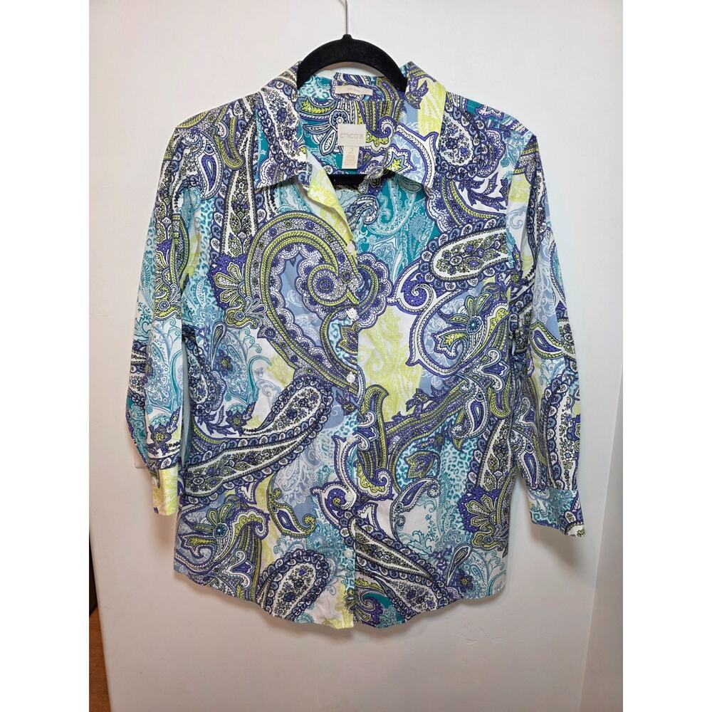 Chico's Multi-Color Paisley No Iron 100% Cotton Blouse Size 2 (US Size L)